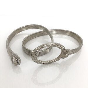 Vintage 80’s Metal Stretchy Snake Belt Shiny Silver Metallic Oval Nugget Buckle